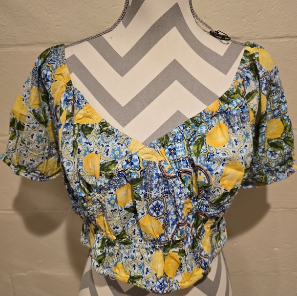 Primark Women’s Yellow Blue Multicolor Crop Top Blouse Short Sleeves Size US 12. - Picture 1 of 10